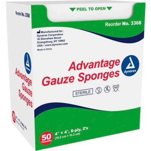 Dynarex Dynarex Advantage Gauze Sponge, Sterile, 4inL x 4inW, 8 Ply, 600 Pcs 3368